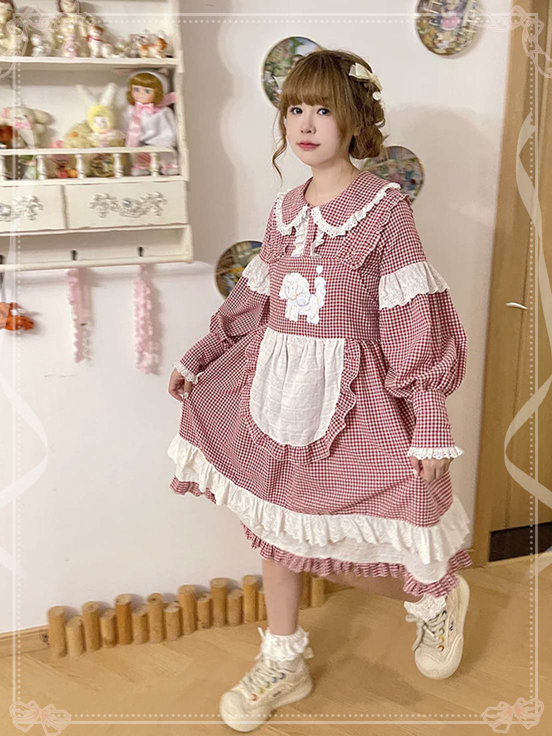 Sweet Lolita Suspender Dress Blue Pink Plaid Dog Print Sleeveless A-line Dress