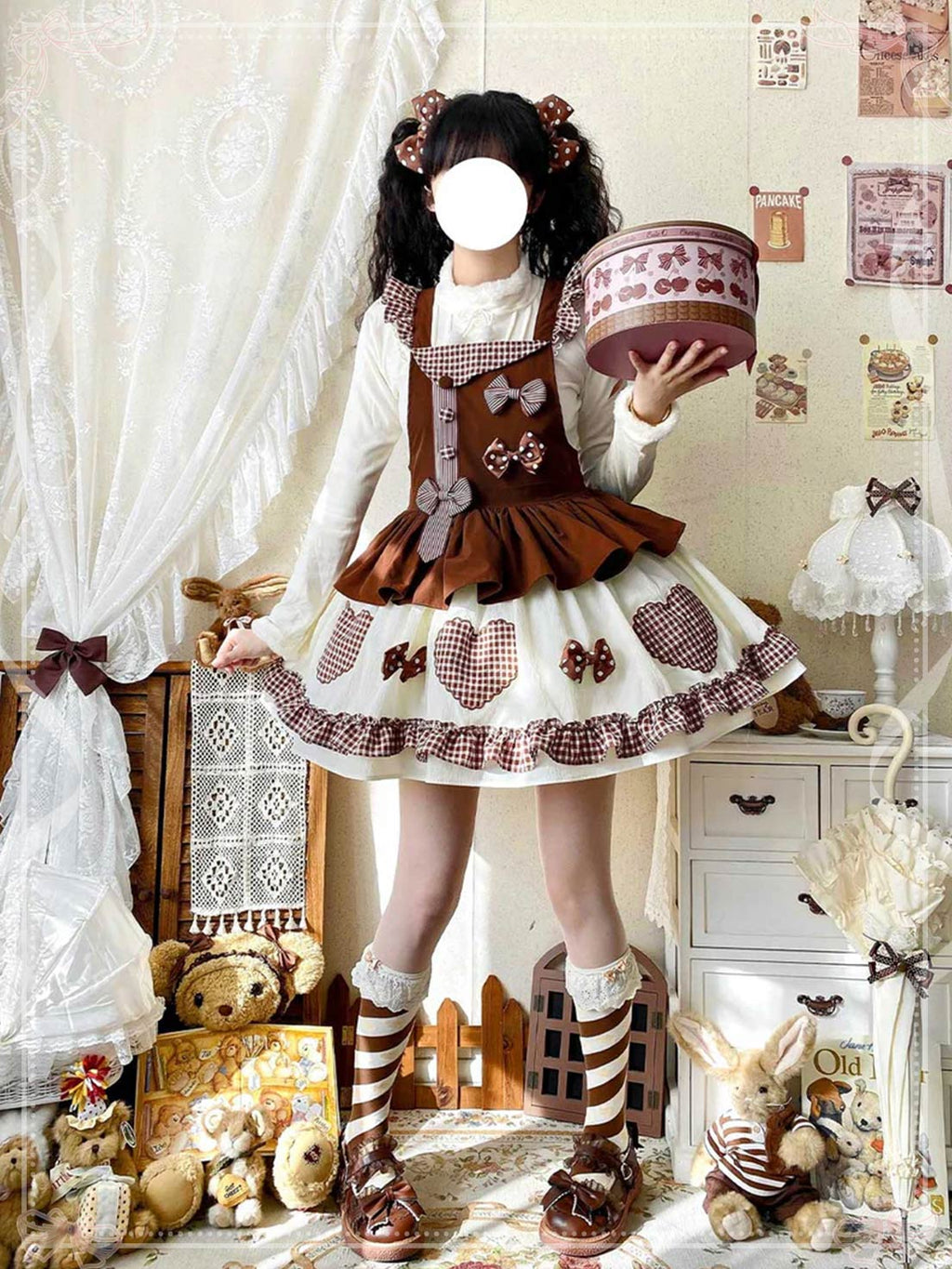 Sweet Lolita Tea Party Fashion Gingham Chocolate Accent Bow Dress Cake Dress