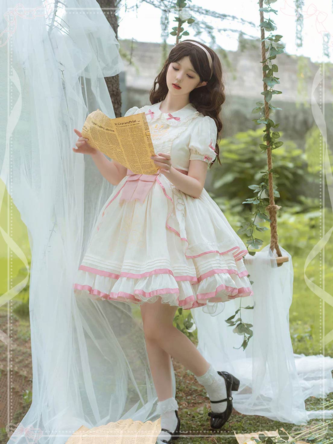 Sweet Lolita White Pink Short Sleeve Layer Ruffle Bow Elegant Dress