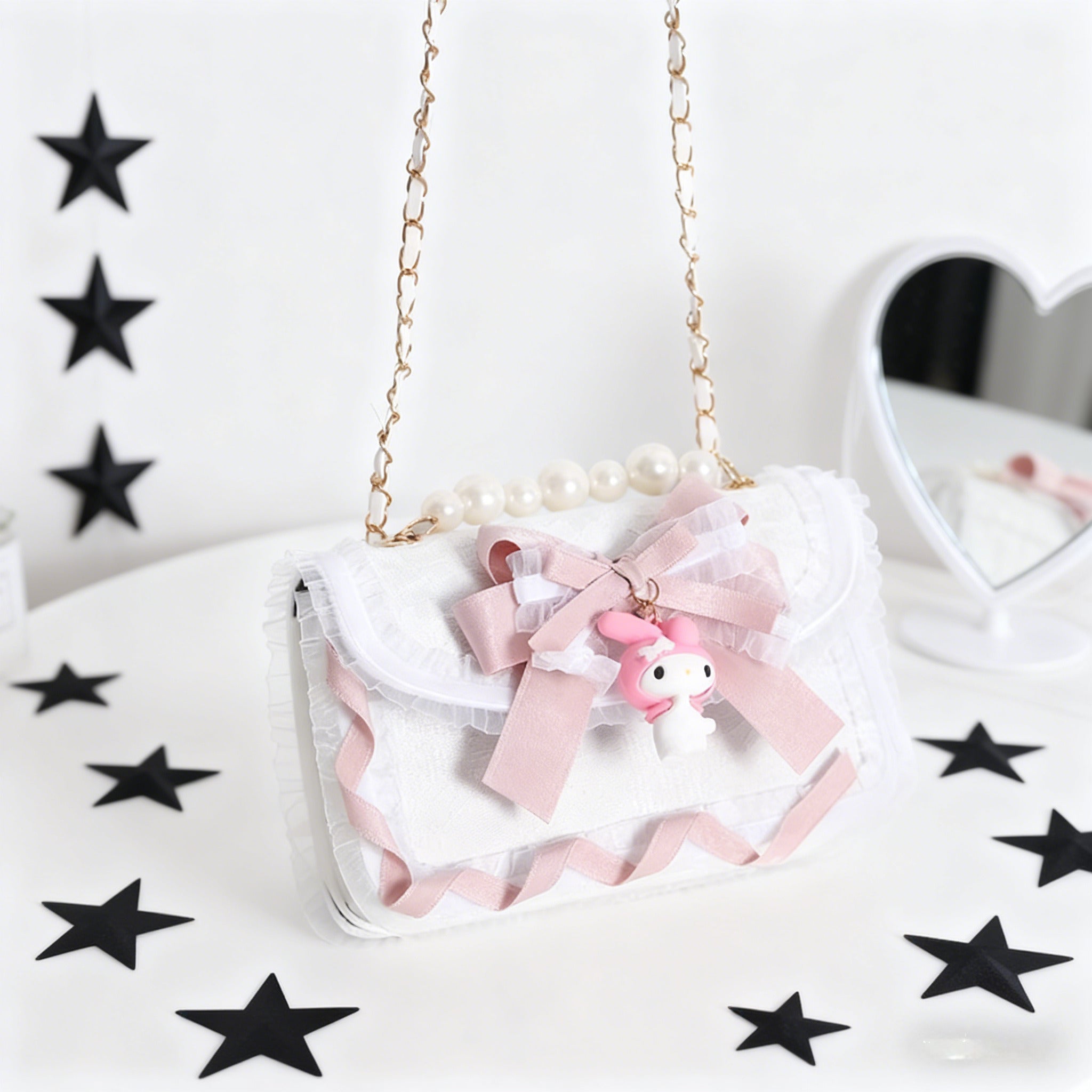 Lolita Bag Gothic Kuromi Midnight Black Lace Crossbody with Pink Ribbon Accents and Pearl Handle