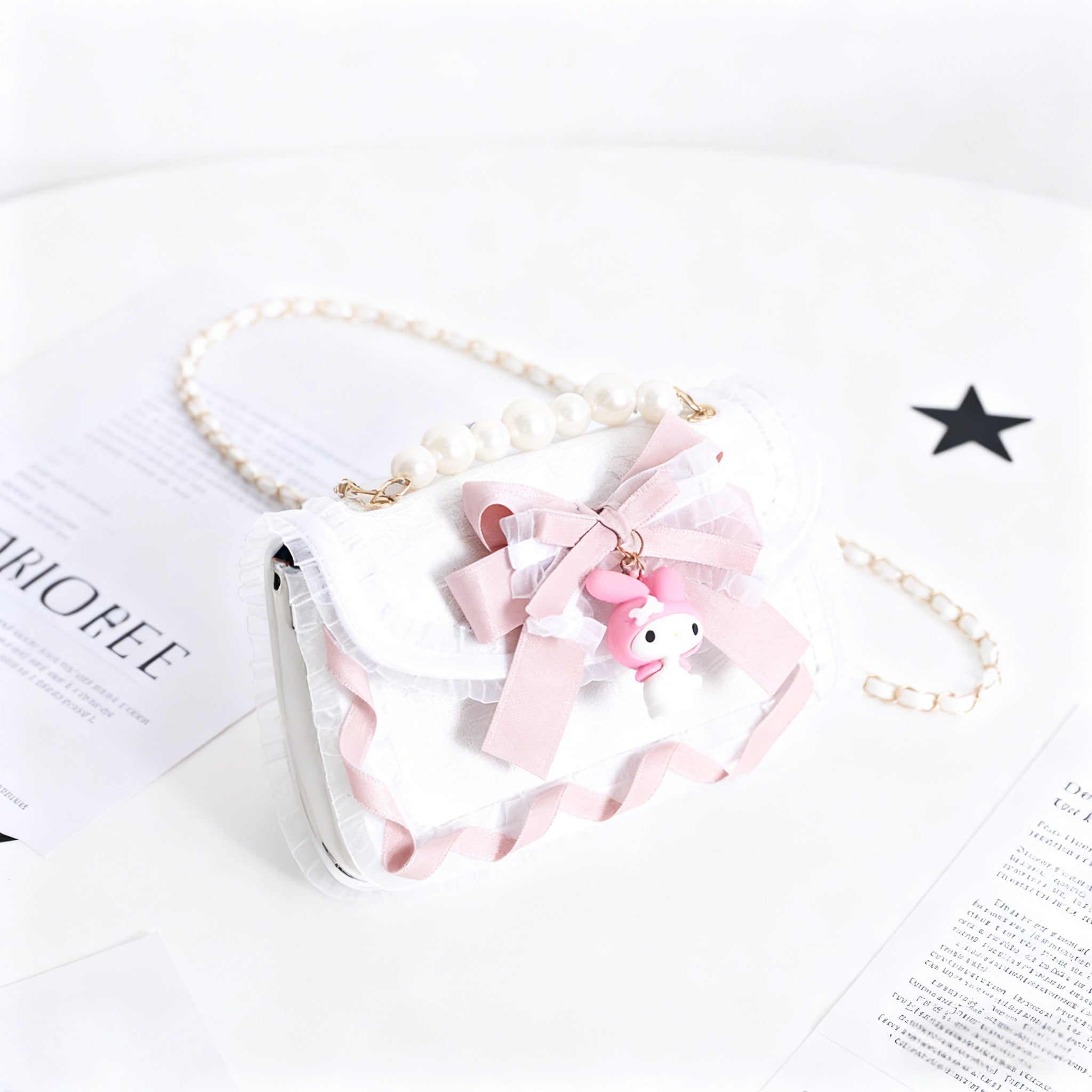 Lolita Bag Gothic Kuromi Midnight Black Lace Crossbody with Pink Ribbon Accents and Pearl Handle