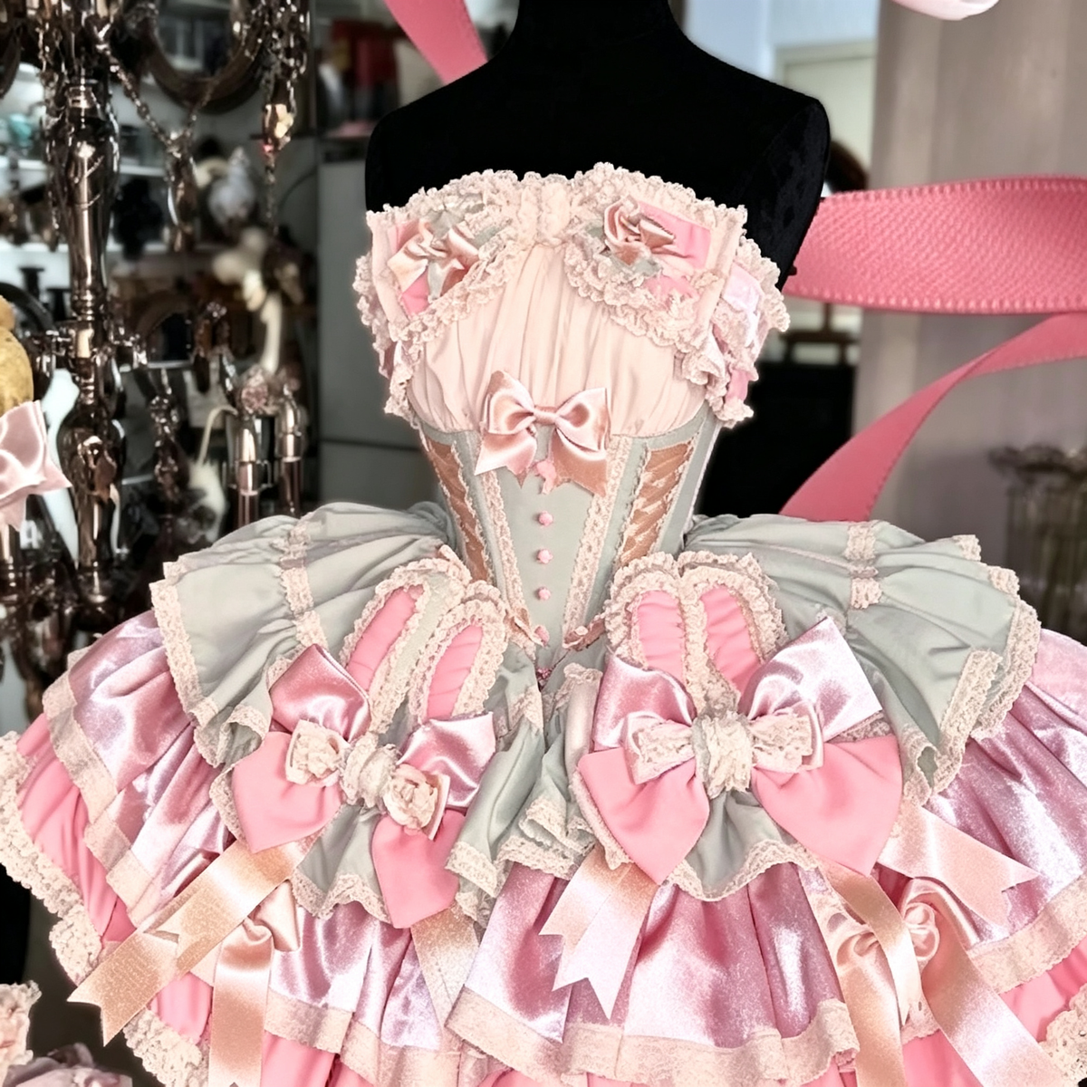 Ribbon Dance Multi-Layered Ruffle Bowknot Lace-Up Sweet Princess Lolita Dress 3 Colors
