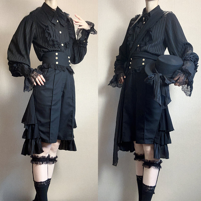 [Pre]Ouji Fashion Ensemble Dark Black Regal Style Original Lolita Medieval Prince Shirt Pants Set