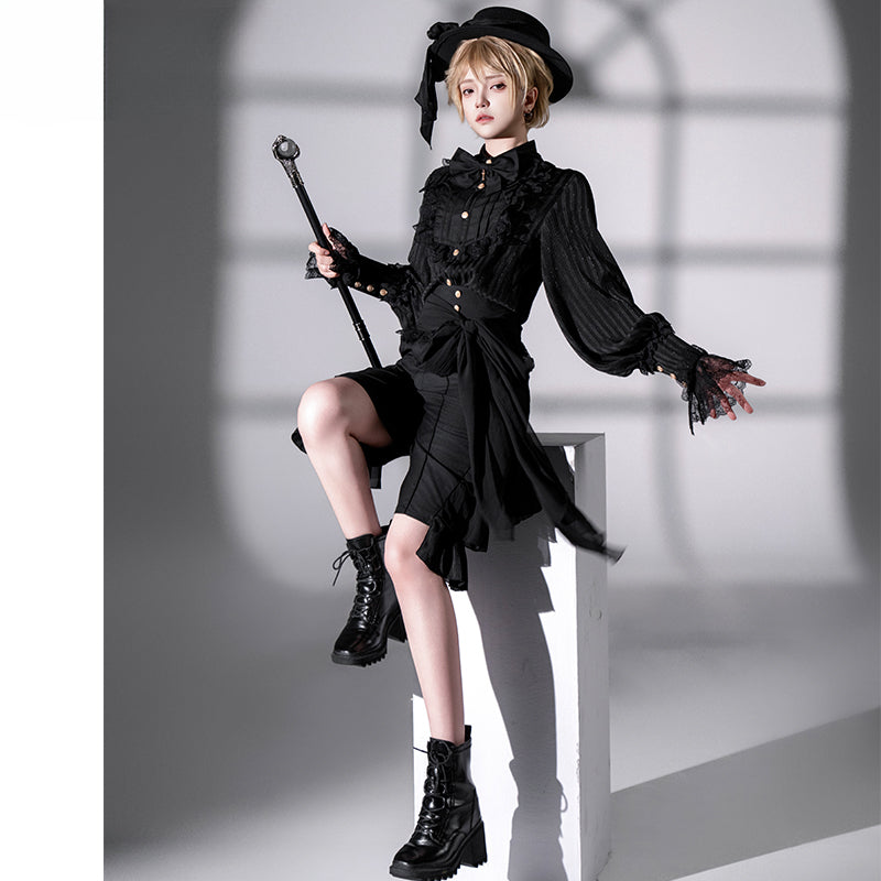 [Pre]Ouji Fashion Ensemble Dark Black Regal Style Original Lolita Medieval Prince Shirt Pants Set