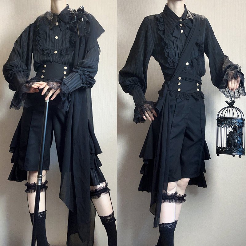 [Pre]Ouji Fashion Ensemble Dark Black Regal Style Original Lolita Medieval Prince Shirt Pants Set