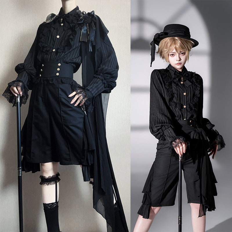 [Pre]Ouji Fashion Ensemble Dark Black Regal Style Original Lolita Medieval Prince Shirt Pants Set