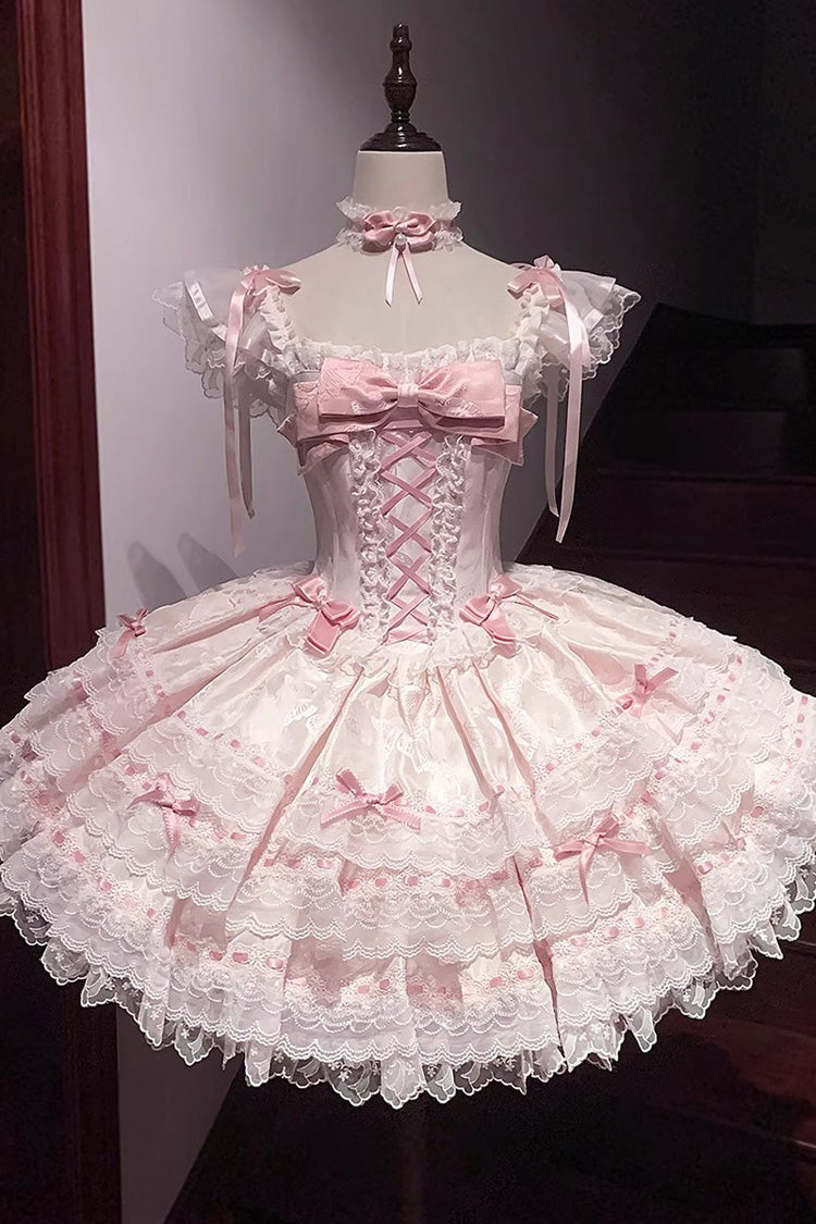 Pink Flora Isle Butterfly Sleeveless Ruffle Bowknot Lace Lace-Up Sweet Elegant Lolita Jsk Dress