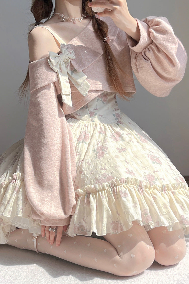 Pink Oblique Shoulder Print Ruffle Bowknot Lace Sweet Lolita Jsk Dress Set