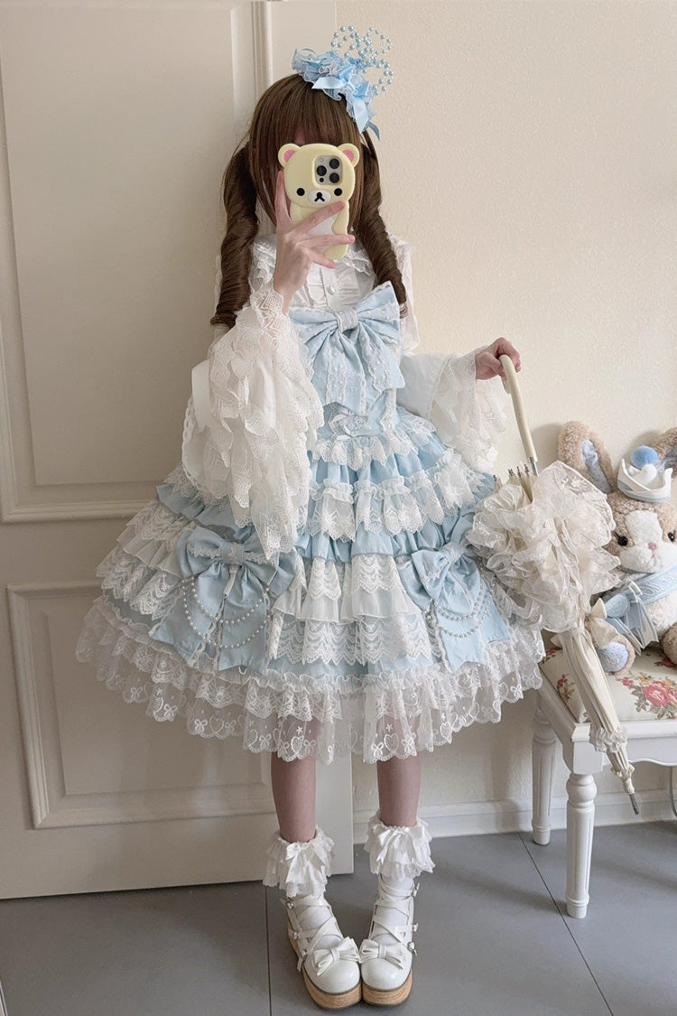 Blue Knot of the Crossed Heart Sleeveless Multi-Layered Ruffle Hanayome Cardigan Bowknot Lace Lace-Up Sweet Lolita Jsk Dress