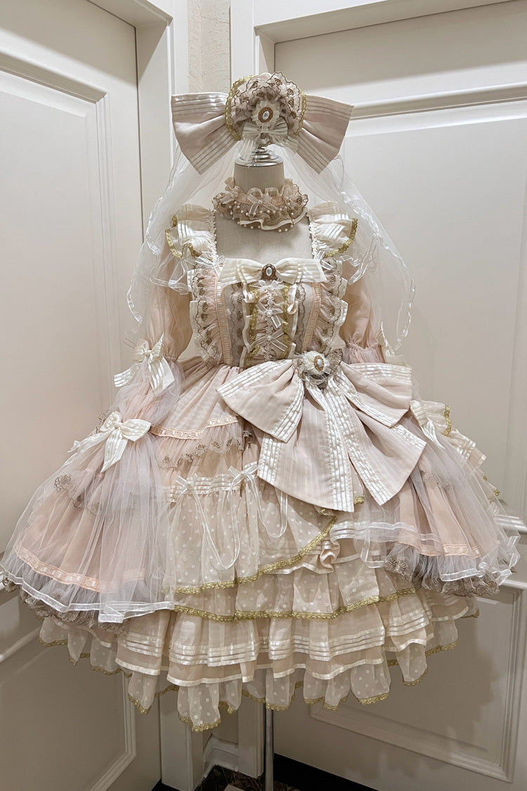 Apricot Coronation Long Trumpet Sleeves Multi-Layered Ruffle Bowknot Lace Sweet Gorgeous Lolita Dress Set