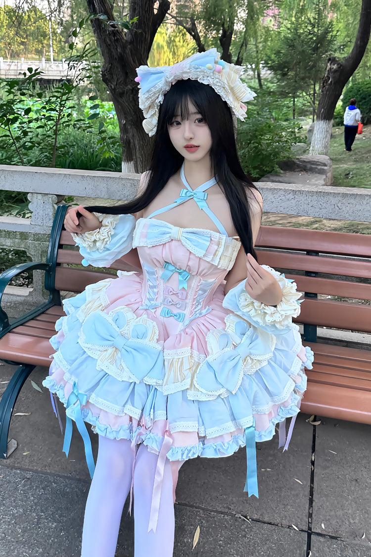 Multi-Color Ribbon Dance Multi-Layered Ruffle Bowknot Lace-Up Sweet Princess Lolita Dress