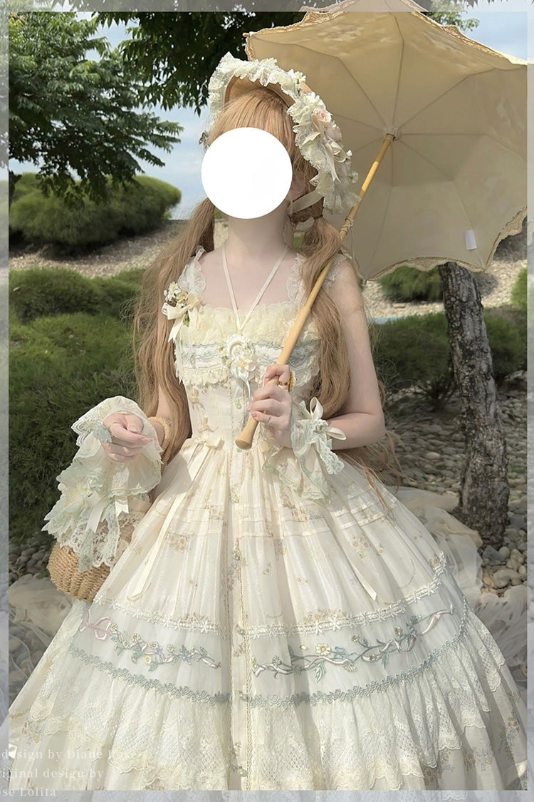 Multi-Color Daisy Poetry Print Ruffle Hollow Embroidery Lace Sweet Elegant Princess Lolita Jsk Dress