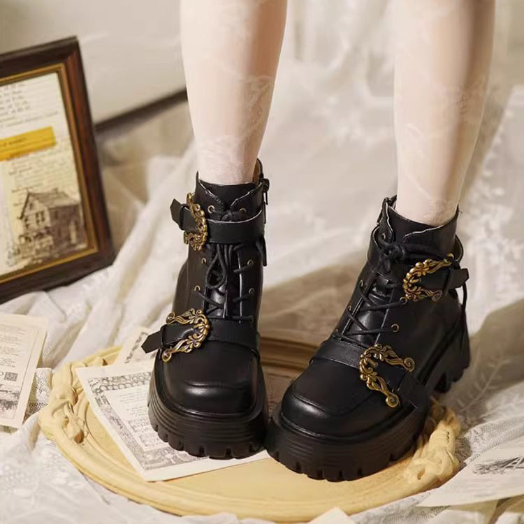 Vintage Accordion Knight Bowknot Chinese College Style Lolita Ankle Boots 2 Colors