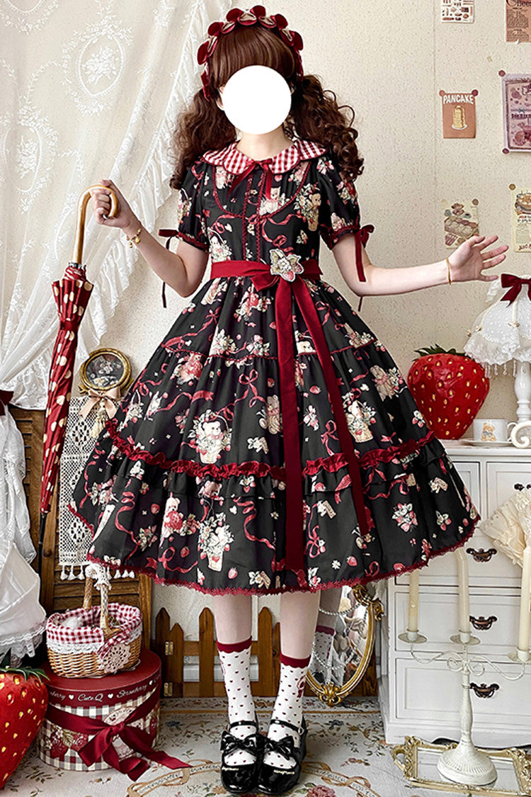 Bear's Strawberry Garden Lapel Collar Short Sleeves Print Bowknot Sweet Lolita Dress 4 Colors