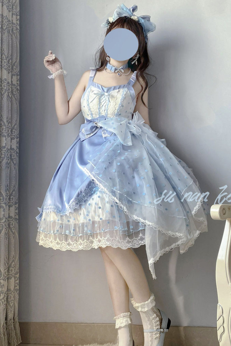 Blue Polka Waltz Sleeveless Print Bowknot Stitching Lace Sweet Lolita Jsk Dress