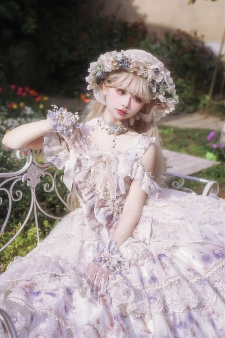 Blue Rose Letter Off Shoulder Triple-Layered Print Ruffle Hanayome Sweet Princess Lolita Dress