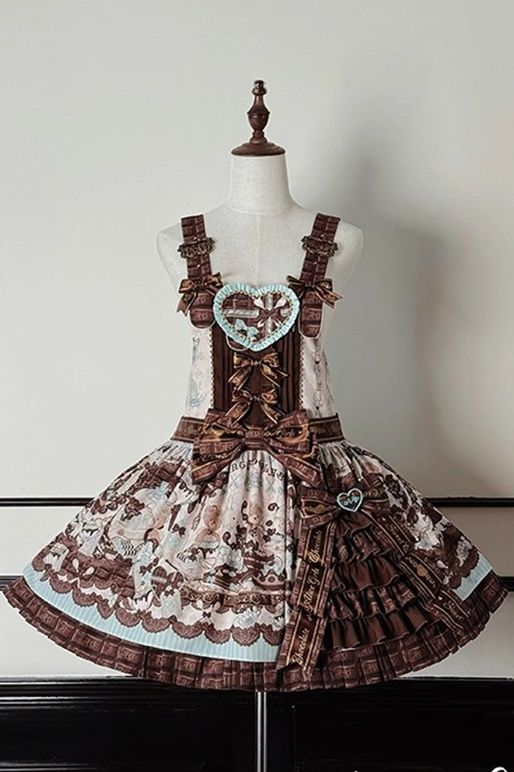 Brown Teddy Bear Chocolate Sleeveless Print Ruffle Side Cardigan Bowknot Asymmetric Sweet Lolita Strap Dress