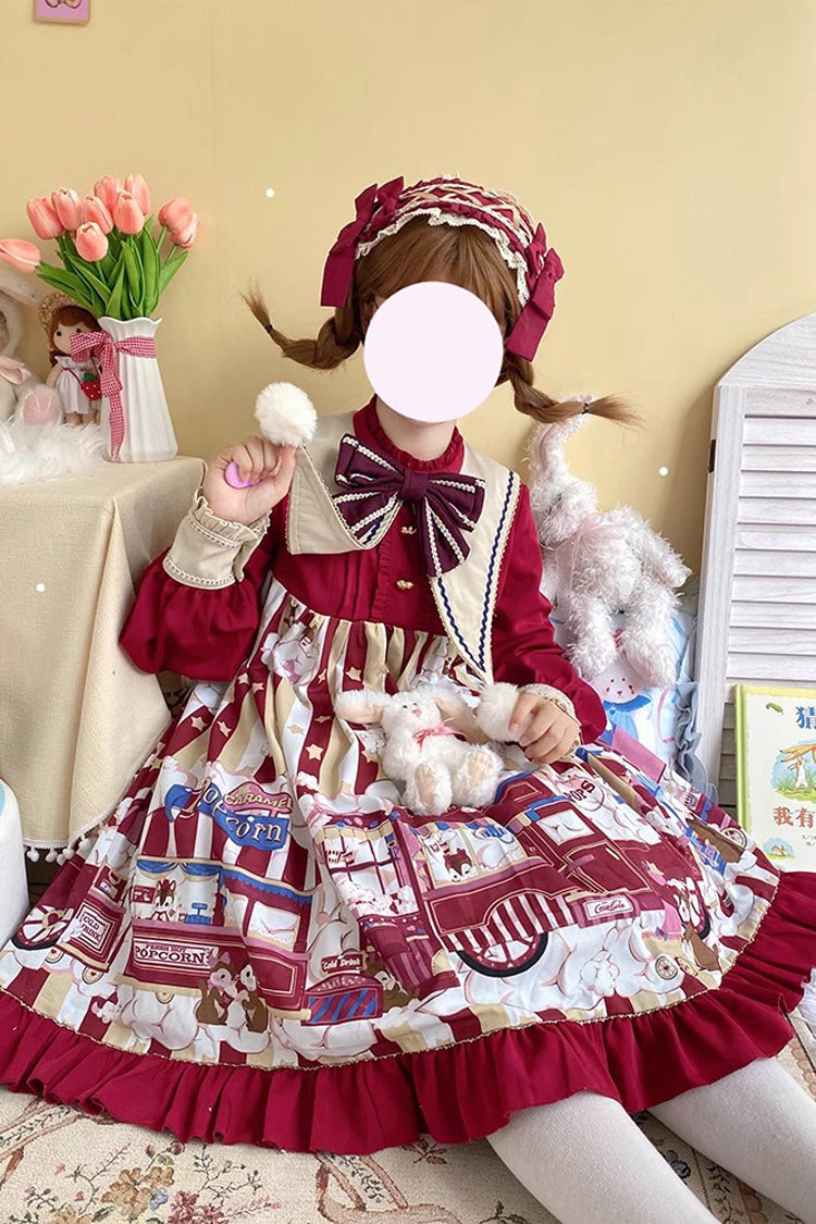 Red Long Sleeves Squirrel Popcorn Print Bowknot Sweet Lolita Dress
