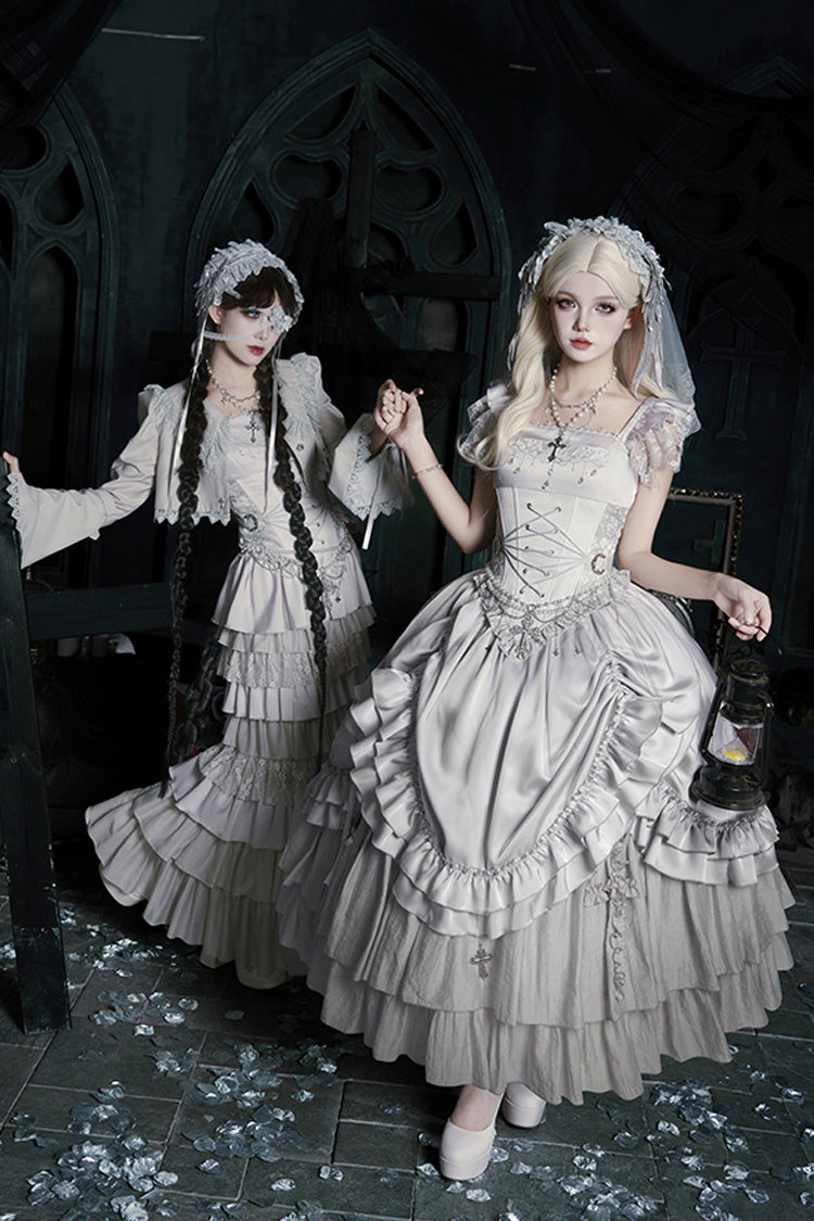 Solid Color Bionic Doll Square Collar Multi-Layered Ruffle Bowknot Lace-Up Gothic Lolita Fishtail Skirt Corset Set