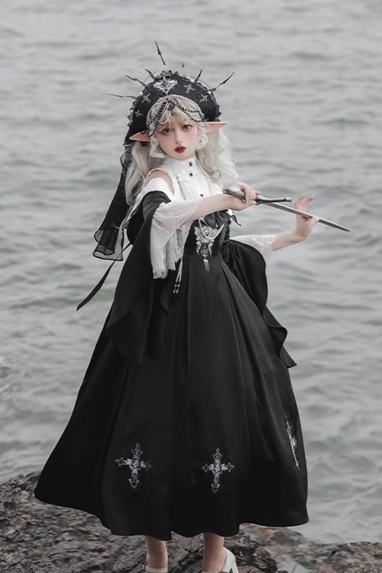 Black Cross Nun Stand Collar Off Shoulder Print Bowknot Gothic Elegant Lolita Dress