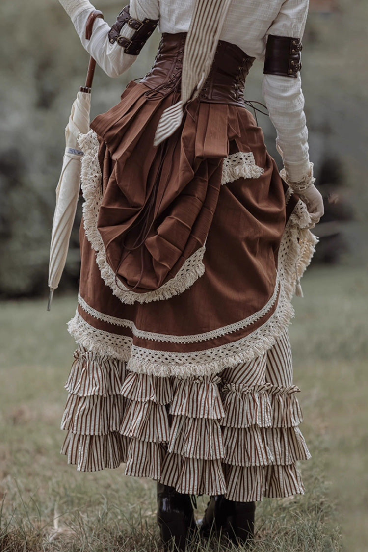 White/Brown Victorian Style Triple-Layered Striped Print Ruffle Classic Vintage Lolita Basil Skirt