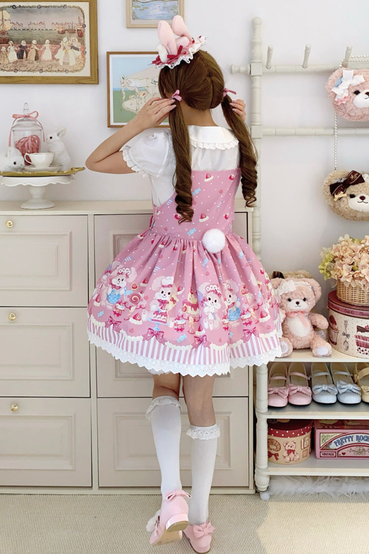 Pink Cupid Bunny Printed Sleeveless Bow Sweet Princess Lolita Strap Dress