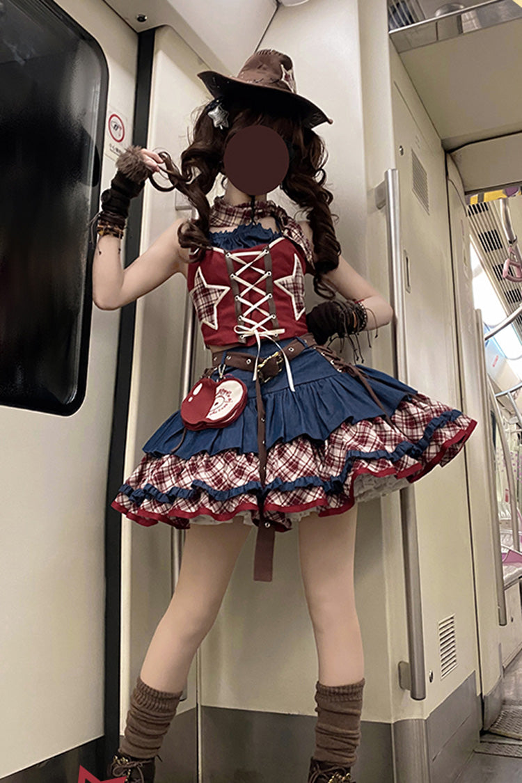 Red/Blue Apple Trap Triple-Layered Print Ruffle Lace-Up Sweet Lolita Jsk Dress Two-piece Set