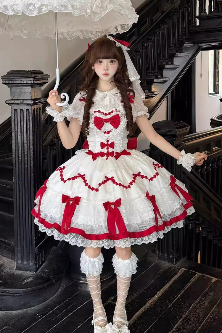 Red/White Scarlet Heart Cocoa Sleeveless Triple-Layered Ruffle Embroidery Bowknot Lace Sweet Lolita Jsk Dress