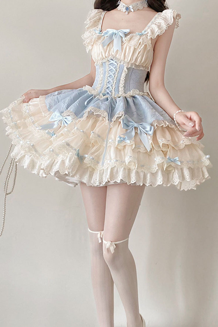 Blue Flory Butterfly Double-Layered Ruffle Bowknot Lace Lace-Up Sweet Ballet Lolita Jsk Dress