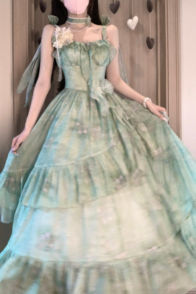 Green Forest Garden Print Ruffle Bowknot Sweet Lolita Jsk Long Dress