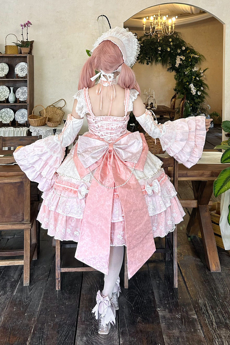 Pink Falling Sakura Multi-Layered Ruffled Hanayome Bow Lace Sweet Plus Size Princess Lolita Jsk Dress