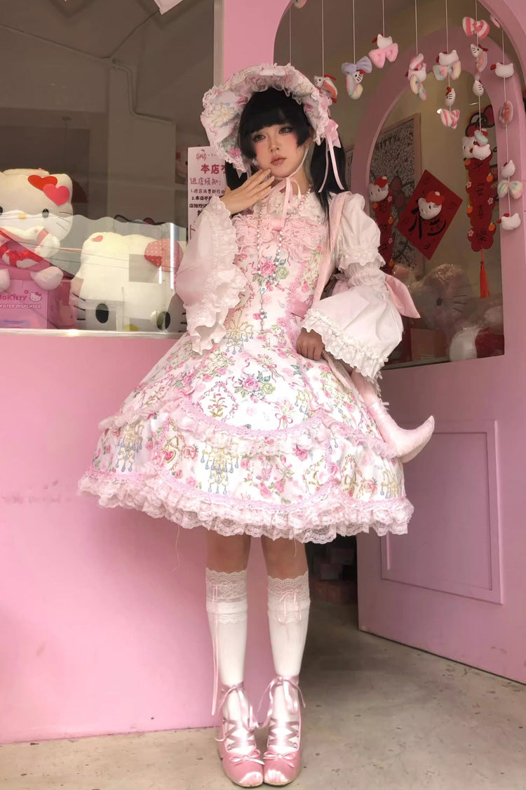 White/Pink Sleeveless Flower Wall Print Ruffle Bowknot Lace Sweet Lolita Jsk Dress