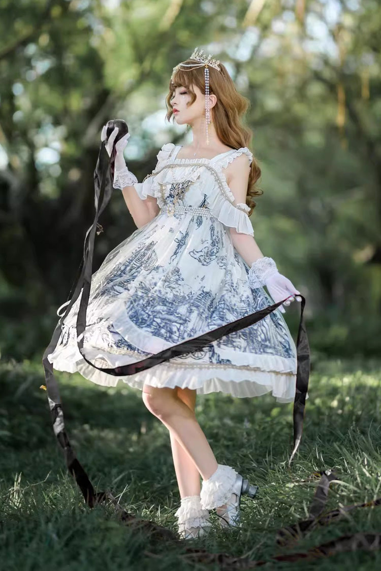 White Castle Feast Print Ruffle Bowknot Gothic Princess Lolita Jsk Dress