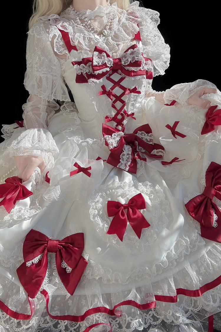 White/Red Sweetheart Sleeveless Multi-Layered Embroidered Bow Lace Lace-Up Sweet Lolita Jsk Dress