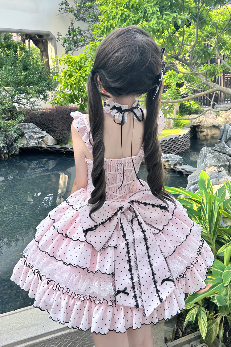 Pink Sleeveless Multi-Layered Polka Dots Printed Ruffled Bow Sweet Princess Lolita Jsk Dress