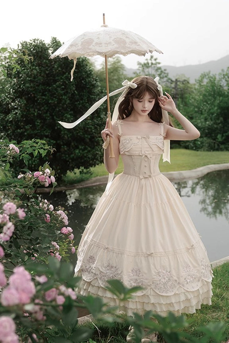 Apricot Fantasy Butterfly Triple-Layered Ruffle Embroidery Bowknot Lace Sweet Princess Lolita Jsk Dress