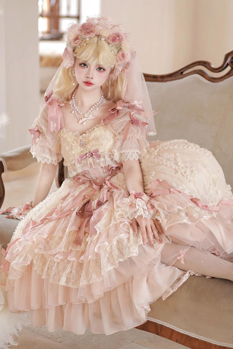 Pink Diane Rose Short Sleeves Multi-Layered Jacquard Ruffle Hanayome Cardigan Bowknot Lace Sweet Lolita Dress