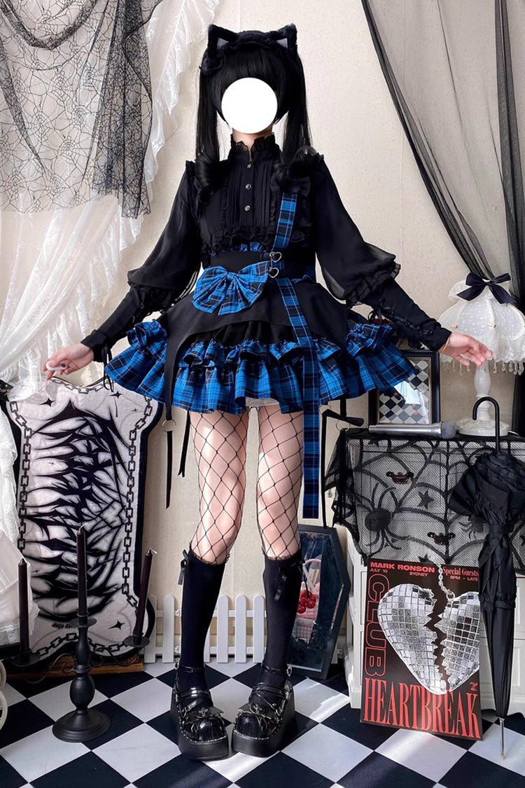 Electronic Kitten Dark Girl Multi-layer Plaid Print Ruffle Bowknot Gothic Lolita Skirt 3 Colors
