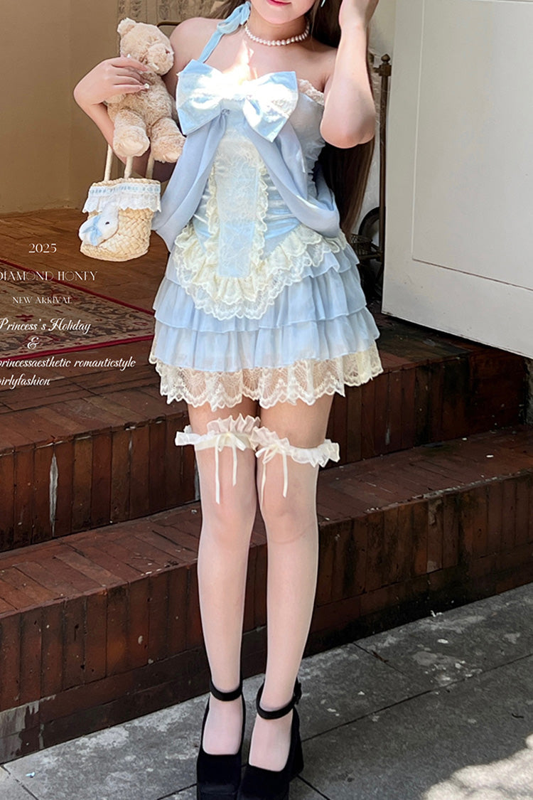 Blue Antique Girl Sleeveless Double-Layered Ruffle Bowknot Lace Sweet Lolita Two-piece Skirt Set