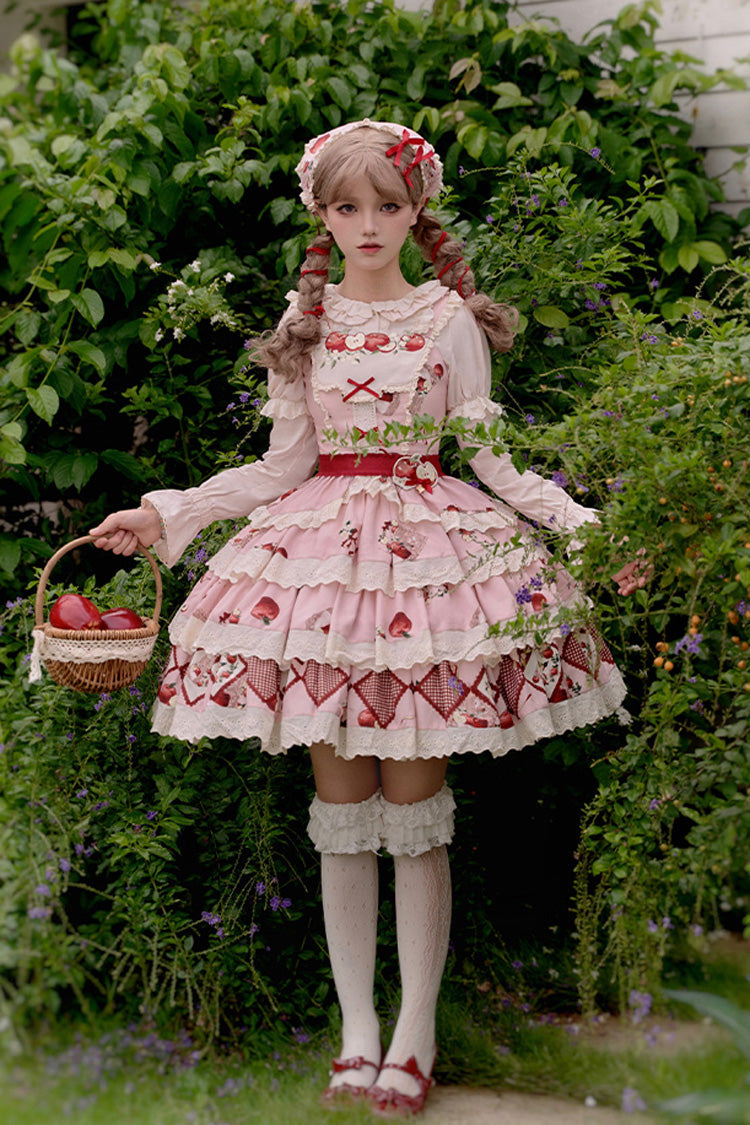 Pink Triple-Layered Apple Orchard Print Ruffle Embroidery Sweet Lolita Short Skirt