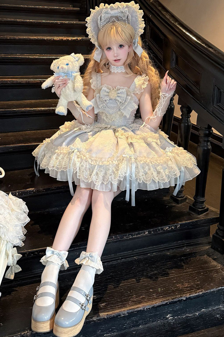 Blue Blossoming Heart Love  Sleeveless Dark Jacquard Print Bowknot Lace Sweet Lolita Jsk Dress