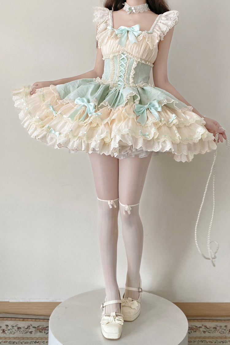 Green Flory Butterfly Double-Layered Ruffle Bowknot Lace Lace-Up Sweet Ballet Lolita Jsk Dress