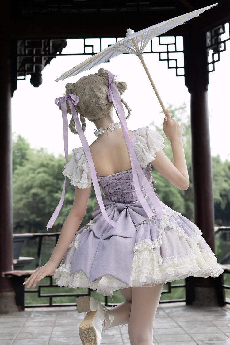 Purple Floral Dream Short Sleeves Multi-Layered Ruffle Embroidery Bowknot Lace-Up Sweet Elegant Ballet Lolita Jsk Dress