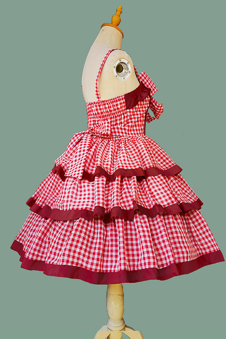 Red Cloth Cat Triple-Layered Plaid Print Ruffle Bowknot Sweet Lolita Dress