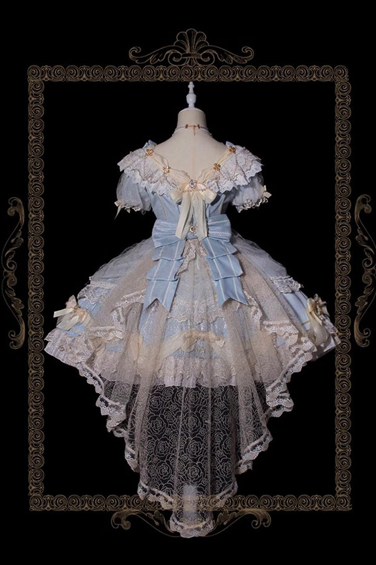 Light Blue Girls' Day Short Sleeves Multi-Layered Ruffle Bowknot Lace Sweet Lolita Dress 2 Versions