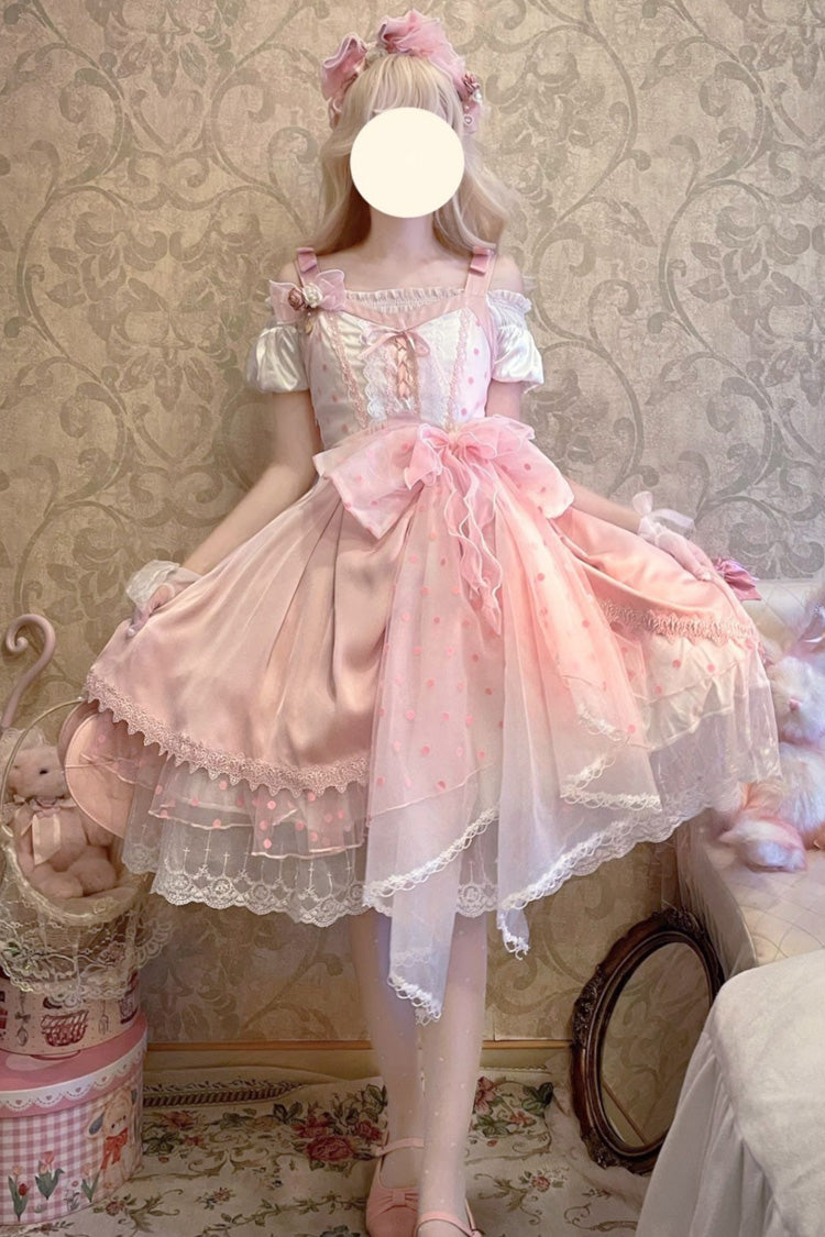 Pink Polka Waltz Sleeveless Print Bowknot Stitching Lace Sweet Lolita Jsk Dress