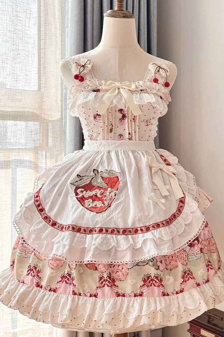 Ivory Strawberry Bear Sleeveless Double-Layered Print Ruffle Bowknot Sweet Princess Lolita Jsk Dress