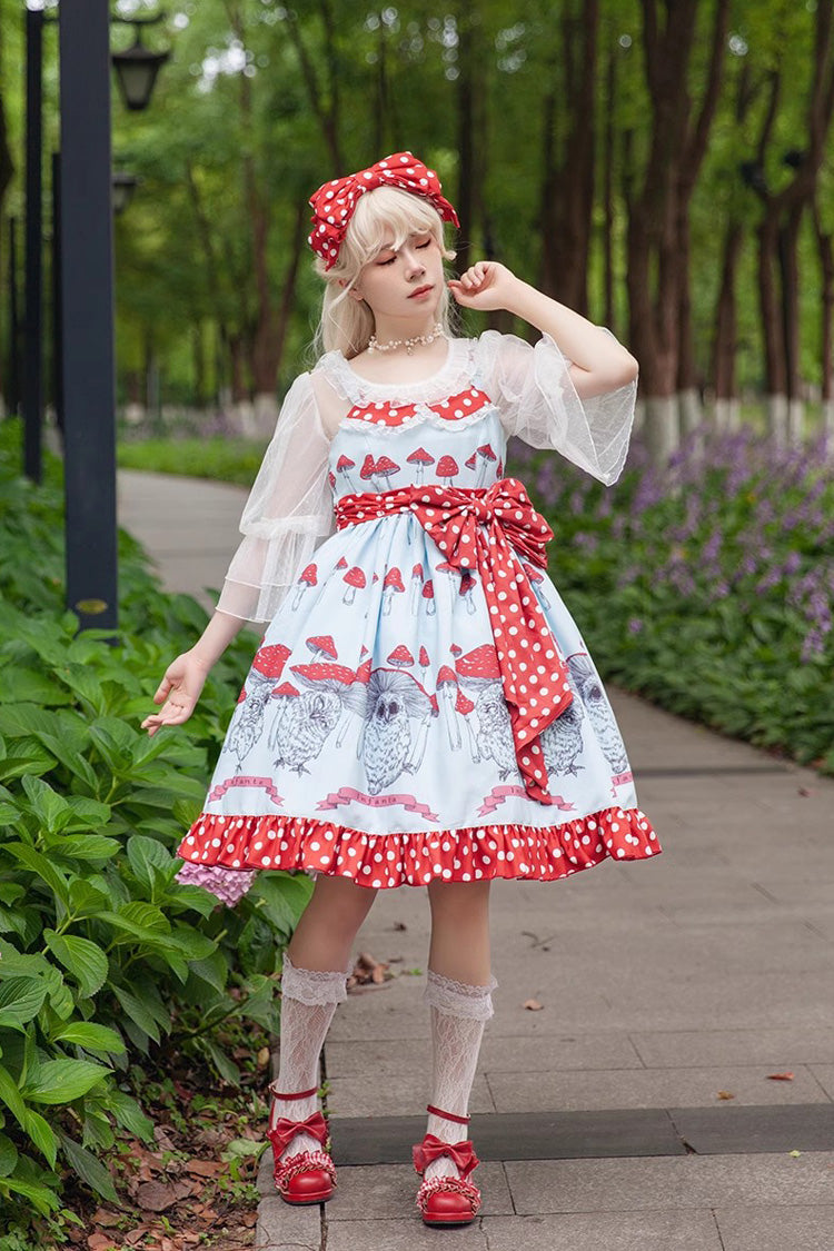 Cat Head Mushroom Print Ruffle Bowknot Sweet Lolita Dress 2 Colors