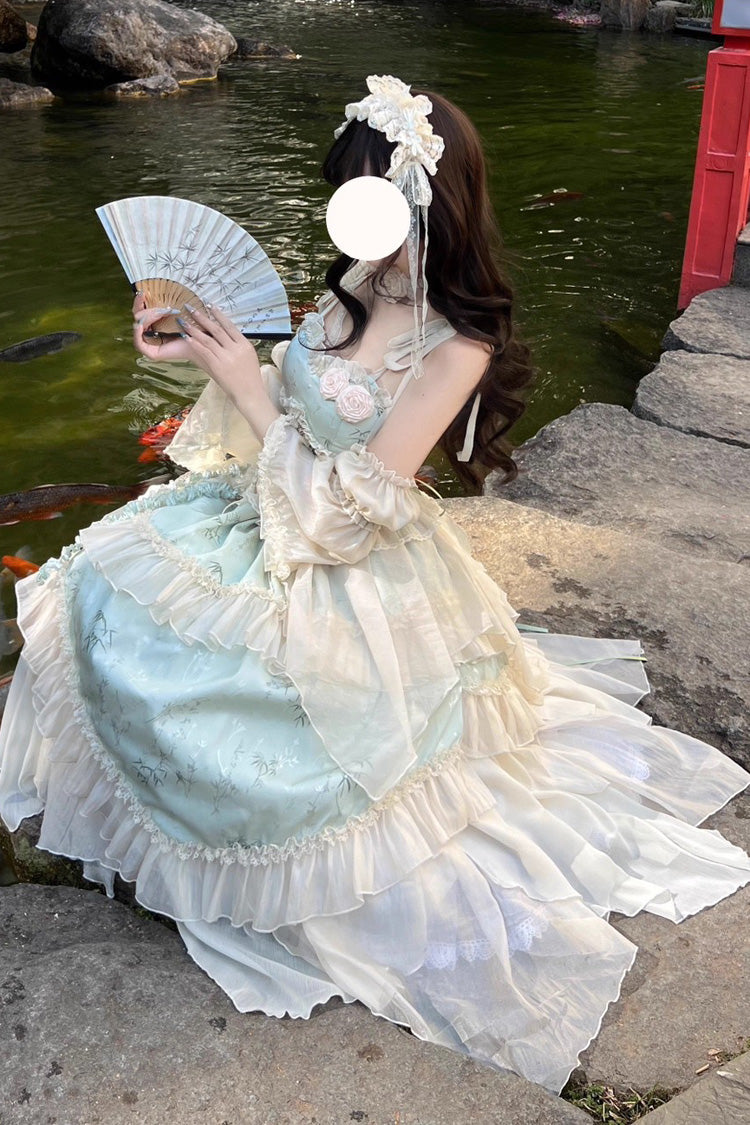 Green Tea Bamboo Song Sleeveless Print Ruffle Bowknot Sweet Chinese Style Elegant Ballet Lolita Jsk Long Dress