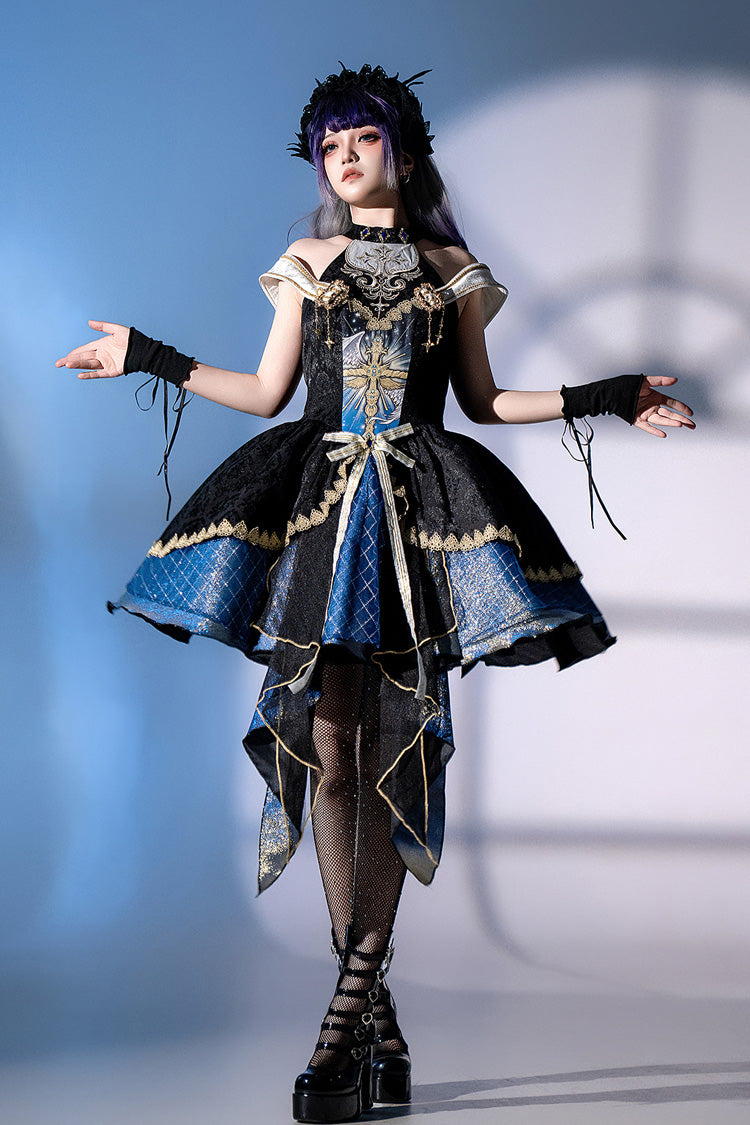 Black/Blue Universe Off Shoulder Halterneck Sleeveless Print Embroidery Cardigan Gothic Princess Lolita Dress